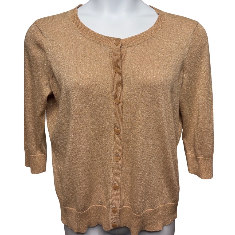 TALBOTS Metallic‎ Gold Cardigan 1XP Shimmer Office Sparkle Neutral Evening Chic